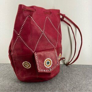 Vintage Drawstring Red Leather Women's Bucket Shoulder Bag
